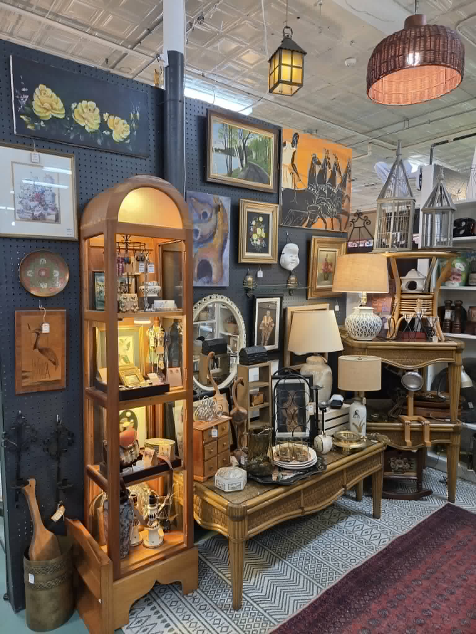 Oddities and curiosities, framed prints, and vintage lamps