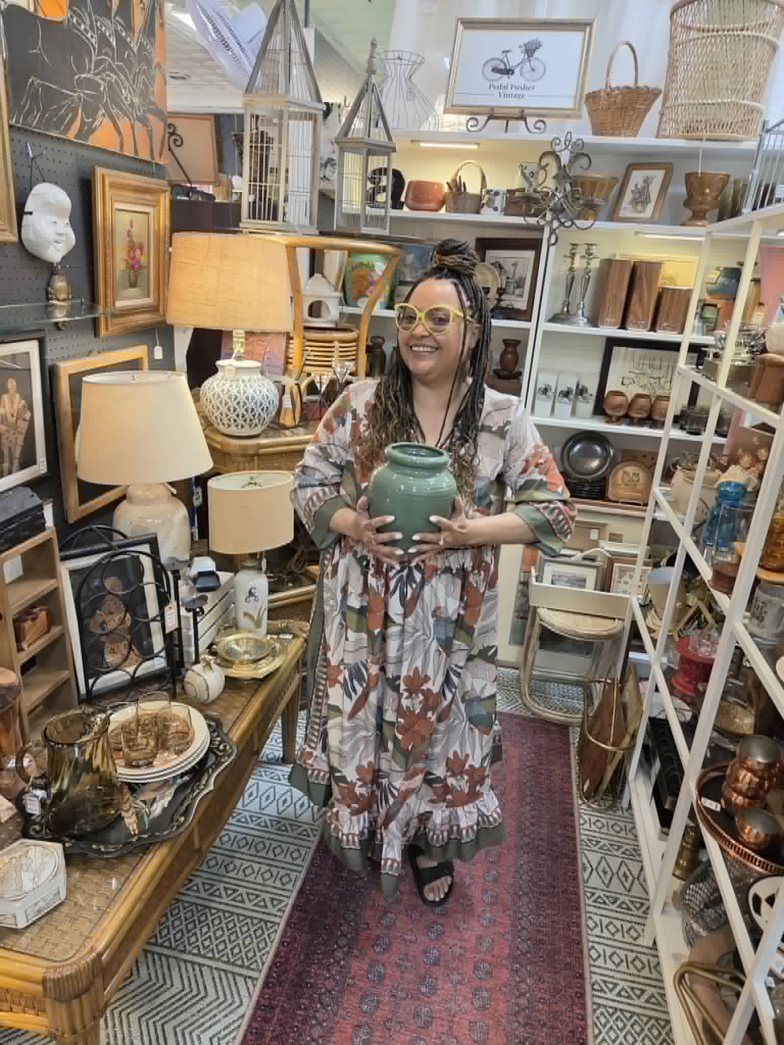 Curated antique and vintage vendor booths inside Arcadia Vintage Mall of Forest Park.